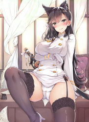 Rule 34 | 1girl, :p, animal ears, arm support, atago (azur lane), azur lane, black ribbon, breast hold, breasts, brown footwear, brown hair, buttons, cameltoe, curtains, double-breasted, garter straps, gloves, gluteal fold, high heels, indoors, inkwell, katana, large breasts, leaning back, long hair, long sleeves, looking at viewer, military, military uniform, miniskirt, mole, mole under eye, naughty face, on table, panties, pantyshot, paper, pencil skirt, quiver, ribbon, sheath, sheathed, side-tie panties, side slit, sitting, skindentation, skirt, solo, swept bangs, sword, sword behind back, table, thighhighs, thighs, tongue, tongue out, underwear, uniform, very long hair, weapon, white gloves, white panties, white skirt, white thighhighs, window, yukishiro arte