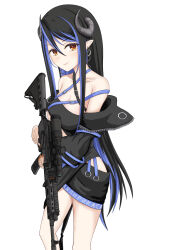 Rule 34 | 1girl, absurdres, assault rifle, bandeau, belt, black bandeau, black belt, black hair, black jacket, black skirt, blue belt, blue hair, blush, breasts, brown eyes, brown nails, chest belt, cleavage, closed mouth, collarbone, commentary request, curled horns, demon girl, demon horns, feet out of frame, grey horns, gun, hair between eyes, hebiyoi tier, hebiyoi tier (1st costume), highres, hip vent, holding, holding gun, holding weapon, horns, jacket, large breasts, long hair, long sleeves, looking at viewer, multicolored hair, nanashi inc., natsuki aya, off shoulder, open clothes, open jacket, pointy ears, rifle, scope, sidelocks, simple background, skirt, smile, snake bite, solo, trigger discipline, two-tone hair, virtual youtuber, weapon, white background