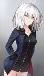 Rule 34 | 1girl, ahoge, bad id, bad pixiv id, black dress, black footwear, black jacket, breasts, coat, cowboy shot, dress, fate/grand order, fate (series), full-length zipper, fur-trimmed coat, fur-trimmed sleeves, fur trim, gradient background, hands in pockets, jacket, jeanne d&#039;arc (fate), jeanne d&#039;arc alter (fate), jeanne d&#039;arc alter (ver. shinjuku 1999) (fate), jewelry, kanpyou (hghgkenfany), looking at viewer, medium breasts, necklace, official alternate costume, open clothes, open coat, open jacket, parted lips, short dress, short hair, silver hair, solo, wicked dragon witch ver. shinjuku 1999, yellow eyes, zipper