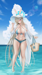 Rule 34 | 1girl, absurdres, animal ears, asuna (blue archive), bikini, bikini under clothes, blue archive, blue bikini, blue eyes, blue shorts, blue sky, breasts, cloud, day, denim, denim shorts, fake animal ears, front-tie bikini top, front-tie top, gcg, hair over one eye, halo, hat, highres, huge breasts, light brown hair, long hair, micro shorts, mole, mole on breast, outdoors, rabbit ears, shorts, sky, smile, solo, sun hat, sunglasses, swept bangs, swimsuit, thighs, two-tone bikini, very long hair, wading, white bikini, white hat