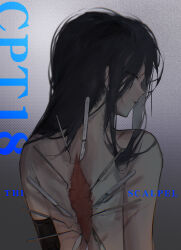 Rule 34 | 1girl, absurdres, angelia (girls&#039; frontline), black hair, blueblossom, commentary, english commentary, english text, facing away, girls&#039; frontline, gradient background, hair over one eye, highres, long hair, scalpel, scar, scar on back, simple background, solo, tagme