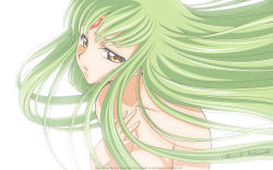 Rule 34 | 00s, 1girl, c.c., code geass, completely nude, female focus, green hair, highres, nude, solo, wallpaper, watermark, white background, yellow eyes