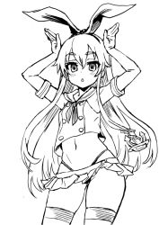 Rule 34 | 10s, 1girl, anchor, anchor hair ornament, armpits, arms up, asanagi, blush, crop top, crop top overhang, elbow gloves, gloves, greyscale, hair ornament, hairband, highleg, highleg panties, kantai collection, long hair, looking at viewer, midriff, monochrome, navel, panties, personification, rabbit pose, shimakaze (kancolle), simple background, skindentation, skirt, solo, striped clothes, striped thighhighs, thighhighs, underwear, white background
