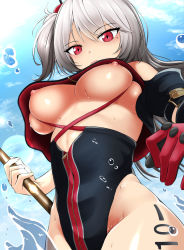 Rule 34 | 1girl, azur lane, bare shoulders, black one-piece swimsuit, black sleeves, blue sky, breasts, cloud, commentary request, covered navel, cowboy shot, day, detached sleeves, earrings, from below, gloves, grey hair, groin, hair between eyes, hajime (wkpz8247), holding, holding staff, holding weapon, jewelry, large breasts, leg tattoo, lens flare, long hair, looking at viewer, looking down, mole, mole under eye, nipple slip, nipples, no bra, number tattoo, one-piece swimsuit, one side up, open mouth, red eyes, red gloves, sidelocks, single earring, sky, solo, staff, standing, swimsuit, tattoo, u-410 (azur lane), underboob, upshirt, water drop, waves, weapon, zipper pull tab