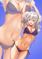 Rule 34 | 1girl, arms behind head, bikini, black bikini, blue background, blue eyes, breasts, cleavage, commentary request, cowboy shot, dated, groin, kantai collection, kashima (kancolle), large breasts, long hair, moke ro, open mouth, side-tie bikini bottom, sidelocks, silver hair, simple background, smile, solo, standing, stretching, swimsuit, twintails, twitter username, wavy hair, zoom layer