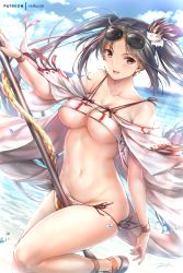Rule 34 | 1girl, bare shoulders, beach, bikini, blue sky, breasts, brown eyes, brown hair, cleavage, collarbone, day, earrings, eyewear on head, fate/grand order, fate (series), hair ornament, jewelry, large breasts, long hair, multiple earrings, navel, ocean, open clothes, open mouth, outdoors, polearm, rei kun, robe, shore, sky, smile, spear, sunglasses, sunlight, swimsuit, thighs, twintails, very long hair, weapon, white bikini, yu mei-ren (fate), yu mei-ren (swimsuit lancer) (fate)