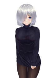 Rule 34 | 1girl, black pantyhose, black sweater, blue eyes, blush, breasts, cowboy shot, hair ornament, hair over one eye, hairclip, hamakaze (kancolle), highres, kantai collection, large breasts, long sleeves, ochikata kage, open mouth, pantyhose, ribbed sweater, short hair, silver hair, simple background, solo, sweater, white background