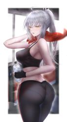 Rule 34 | 1girl, absurdres, ahoge, ass, bare shoulders, blurry, blurry background, blush, bottle, breasts, commentary request, fate (series), fingerless gloves, gloves, highres, holding, indoors, jeanne d&#039;arc (fate), jeanne d&#039;arc alter (avenger) (fate), jeanne d&#039;arc alter (fate), large breasts, long hair, looking at viewer, open mouth, pantylines, penguintake, plastic bottle, ponytail, silver hair, simple background, skin tight, sleeveless, solo, sports bra, sweat, sweatdrop, tank top, towel, water bottle, yellow eyes