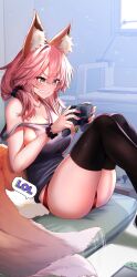 Rule 34 | 1girl, absurdres, animal ear fluff, animal ears, bare shoulders, black scrunchie, black thighhighs, blush, breasts, cleavage, clenched teeth, collarbone, commentary request, commission, controller, fate (series), fox ears, fox girl, fox tail, game controller, hair ornament, hair scrunchie, highres, holding, large breasts, nail polish, panties, parted lips, pink hair, pink nails, red panties, scrunchie, shirt, sitting, skeb commission, sleeveless, tail, tamamo (fate), tearing up, teeth, thighhighs, thighs, underwear, white shirt, wisespeak, yellow eyes