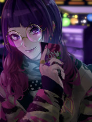Rule 34 | 1girl, blue scarf, blurry, blurry background, cellphone, closed mouth, diagonal bangs, ear piercing, earrings, glasses, green jacket, hair over shoulder, highres, holding, holding phone, idolmaster, idolmaster shiny colors, jacket, jewelry, long hair, looking at viewer, nail polish, oone0206, phone, piercing, purple eyes, purple hair, purple nails, ring, round eyewear, scarf, smartphone, smile, tanaka mamimi