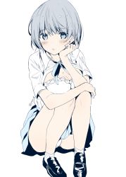 Rule 34 | 1girl, arm on knee, bare legs, black footwear, blue bow, blue bowtie, blue eyes, blue skirt, blush, bob cut, bow, bowtie, bra, breasts, cleavage, closed mouth, collared shirt, commentary request, eyelashes, frilled bra, frills, full body, grey hair, head rest, highres, knees together feet apart, knees up, large breasts, loafers, looking at viewer, original, panties, pantyshot, partially unbuttoned, pleated skirt, school uniform, shirt, shirt tucked in, shoes, short hair, short sleeves, simple background, sitting, skirt, socks, solo, swept bangs, twitter username, underwear, white background, white bra, white panties, white shirt, white socks, wing collar, yu yu
