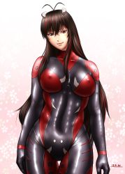 Rule 34 | 1girl, alternate costume, antenna hair, black hair, bodysuit, borrowed character, breasts, breasts apart, collarbone, contrapposto, covered erect nipples, cowboy shot, dated, female focus, floral background, flower, gloves, gradient background, hair between eyes, hair ornament, hairpods, highres, large breasts, light smile, lips, long hair, looking at viewer, multicolored hair, original, pink background, plugsuit, red eyes, red hair, sendai hakurei no miko, shiny clothes, sidelocks, skin tight, smile, solo, standing, streaked hair, taikyokuturugi, thigh gap, touhou, turtleneck, two-tone hair, very long hair
