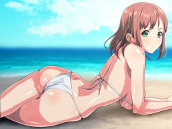 Rule 34 | 1girl, arm support, ass, back, bare arms, bare shoulders, beach, bikini, blue sky, breasts, brown hair, closed mouth, day, from side, green eyes, hanging breasts, horizon, large breasts, long hair, looking at viewer, looking to the side, lying, monteriakitto, ocean, on ground, on stomach, original, outdoors, skindentation, sky, smile, solo, swimsuit, thighs, underboob, water, white bikini