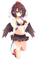 Rule 34 | 1girl, armband, bandeau, bare arms, bare shoulders, bikini, black bikini, black hair, black skirt, black wings, blush, breasts, cleavage, commentary request, feathered wings, feet out of frame, geta, groin, hair between eyes, hand on own hip, hat, highres, holding, looking at viewer, maturiuta sorato, medium breasts, miniskirt, navel, pleated skirt, pointy ears, pom pom (clothes), red eyes, red footwear, shameimaru aya, short hair, simple background, skirt, smile, solo, standing, standing on one leg, stomach, swimsuit, tassel, tengu-geta, thighs, tokin hat, touhou, white background, wings