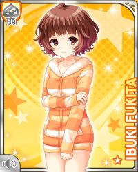 Rule 34 | 1girl, bare legs, bare shoulders, bird, brown eyes, brown hair, card, character name, closed mouth, collarbone, fukita ibuki, girlfriend (kari), hair ornament, hairclip, looking at viewer, official art, qp:flapper, short hair, sleepwear, smile, solo, standing, striped, tagme, yellow background