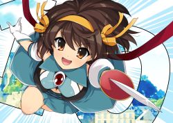 Rule 34 | 1girl, breasts, brown eyes, brown hair, commentary request, countdown, detached sleeves, facing viewer, gloves, hairband, haruhisky, looking at viewer, medium breasts, open mouth, ribbon, smile, solo, suzumiya haruhi, suzumiya haruhi no yuuutsu, sword, weapon, white gloves, yellow hairband, yellow ribbon
