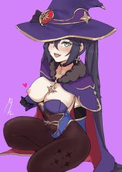 Rule 34 | 1girl, :p, berserkert, black pantyhose, breasts, fang, genshin impact, hat, heart, highres, large breasts, leotard, mona (genshin impact), naughty face, nipples, one breast out, pantyhose, tongue, tongue out, twintails, witch hat