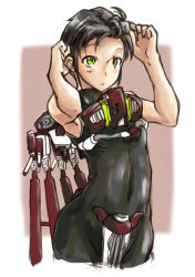 Rule 34 | 19, 19 (diske), 1girl, adjusting hair, arched back, armpits, black hair, blush, blush stickers, green eyes, highres, looking up, mechanical wings, navel, skin tight, solo, wings