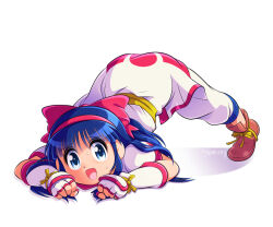 Rule 34 | 1girl, ainu clothes, all fours, artist name, ass, bent over, blue eyes, blue hair, feet, fingerless gloves, gloves, hair ribbon, jack-o&#039; challenge, legs, long hair, looking at viewer, meme, nakoruru, open mouth, pants, ribbon, samurai spirits, shoes, smile, snk, sweatdrop, the king of fighters, thighs