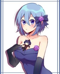 Rule 34 | 1boy, 1girl, bare shoulders, biyo, black footwear, black gloves, black pants, black suit, blue border, blue bow, blue dress, blue eyes, blue hair, blush, border, bow, breasts, chibi on breast, claire elford, cleavage, closed mouth, dark blue hair, dress, elbow gloves, flower, formal, gloves, hair bow, hand on own chest, large breasts, looking at viewer, necktie, pants, purple flower, red necktie, short hair, simple background, solid oval eyes, suit, white background, wilardo adler, witch&#039;s heart