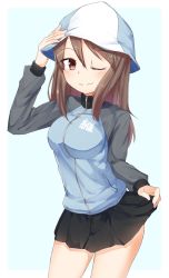 Rule 34 | 10s, 1girl, ;), black skirt, blue background, blue hat, blue jacket, blush, breasts, brown eyes, brown hair, clothes lift, girls und panzer, hair between eyes, hand on headwear, hat, highres, jacket, lifted by self, long hair, matching hair/eyes, mika (girls und panzer), nenosame (nenosame5 ), one eye closed, skirt, skirt lift, smile, solo, track jacket