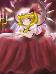 Rule 34 | 1girl, blonde hair, candle, candlestand, fang, female focus, flandre scarlet, flx, hat, mob cap, one eye closed, one side up, ponytail, red eyes, side ponytail, solo, thighhighs, touhou, vampire, white hat, white thighhighs, wings, wink
