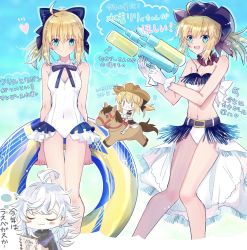 Rule 34 | 1boy, 3girls, :3, :d, absurdres, ahoge, arms behind back, artoria pendragon (all), artoria pendragon (fate), belt, belt buckle, bikini, black belt, black bow, black shirt, blonde hair, blue eyes, bow, breasts, brown headwear, buckle, casual one-piece swimsuit, choker, cleavage, closed eyes, covered navel, cropped legs, earrings, fate/unlimited codes, fate (series), floating hair, hair between eyes, hair bow, hat, heart, highres, horse, innertube, jewelry, long hair, looking at viewer, merlin (fate), multiple girls, nayu tundora, one-piece swimsuit, open mouth, riding, saber lily, shirt, silver hair, small breasts, smile, strapless, strapless bikini, swim ring, swimsuit, thigh gap, white bikini, white one-piece swimsuit