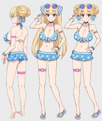 Rule 34 | 1girl, ass, back, bikini, blonde hair, blue bikini, blue bow, blue eyes, blush, bow, breasts, character sheet, cleavage, closed mouth, commentary, double bun, eyewear on head, from behind, from side, full body, grey background, hair bow, hair bun, highres, large breasts, lina (michihasu), long hair, looking at viewer, michihasu, multiple views, nail polish, original, sideboob, simple background, smile, striped, striped bow, sunglasses, swimsuit, symbol-only commentary, thigh strap