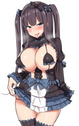 Rule 34 | blue eyes, blunt bangs, blush, bow, breasts, breath, covered erect nipples, dress, frilled dress, frilled skirt, frilled sleeves, frills, hair bow, hair ornament, highres, large breasts, long sleeves, nanae, naughty face, original, short dress, sidelocks, skindentation, skirt, smile, thigh gap, thighhighs, tongue, tongue out, twintails