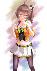 Rule 34 | 1girl, :3, ahoge, bare shoulders, black bow, black ribbon, blush, bow, brown hair, brown pantyhose, buttons, camisole, cat hair ornament, closed mouth, collarbone, commentary request, green eyes, green ribbon, hair between eyes, hair ornament, hair ribbon, hands up, highres, hololive, jacket, looking at viewer, medium hair, medium skirt, midriff, natsuiro matsuri, natsuiro matsuri (1st costume), navel, off-shoulder jacket, off shoulder, orange jacket, pantyhose, pinstripe camisole, pinstripe pattern, pleated skirt, ribbon, side ponytail, skirt, smile, solo, standing, stomach, striped, v, virtual youtuber, white skirt, yakatora