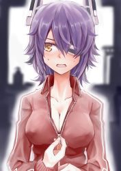 Rule 34 | 1girl, alternate costume, blush, breasts, cleavage, eyepatch, hair between eyes, headgear, highres, jacket, kantai collection, large breasts, open mouth, purple hair, red jacket, short hair, solo, sportswear, sweat, sweatdrop, tadd (tatd), tenryuu (kancolle), yellow eyes