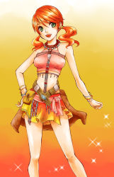 Rule 34 | 10s, 1girl, bare shoulders, bracelet, choker, earrings, female focus, final fantasy, final fantasy xiii, gradient background, green eyes, jewelry, long hair, miniskirt, oerba dia vanille, open mouth, red hair, short twintails, skirt, solo, twintails, youshichi