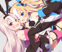 Rule 34 | 2girls, :d, azur lane, bare shoulders, black bow, black neckwear, black skirt, blonde hair, blue background, blue eyes, bow, bowtie, commentary request, detached sleeves, dutch angle, fang, from side, garter straps, hair bow, hairband, hobby (azur lane), hug, kalk (azur lane), long sleeves, looking at viewer, looking to the side, multiple girls, one eye closed, open mouth, pink hair, pink legwear, purple eyes, signature, simple background, skirt, smile, supershiruco, thighhighs, two side up