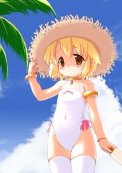 Rule 34 | blonde hair, fhara, flat chest, hat, kanitama, one-piece swimsuit, palm tree, short hair, solo, swimsuit, thighhighs, tree