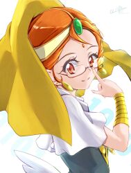Rule 34 | 1girl, artist name, clear glass (mildmild1311), commentary request, earrings, eyelashes, glasses, hair ornament, happinesscharge precure!, happy, highres, jewelry, looking at viewer, magical girl, medium hair, orange eyes, orange hair, orange haired cure (wonderful net precure) (happinesscharge precure!), precure, signature, simple background, smile, solo, standing, twitter username, white background