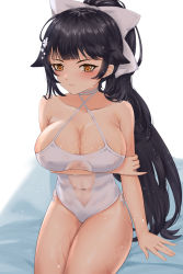 Rule 34 | 1girl, absurdres, artist request, azur lane, black hair, bow, breasts, casual one-piece swimsuit, choker, cleavage, clothing cutout, criss-cross halter, extra ears, flower, hair flower, hair ornament, halterneck, highres, large breasts, long hair, navel cutout, official alternate costume, one-piece swimsuit, orange eyes, ponytail, see-through, sitting, solo, swimsuit, takao (azur lane), takao (beach rhapsody) (azur lane), very long hair, wet, white bow, white choker, white one-piece swimsuit