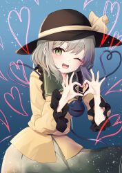Rule 34 | 1girl, ;d, black hat, blouse, blush, bow, commentary request, fingernails, frilled shirt collar, frilled sleeves, frills, green eyes, green skirt, grey hair, hands up, hat, hat bow, heart, heart hands, heart of string, highres, komeiji koishi, long sleeves, looking at viewer, lower teeth only, medium hair, one eye closed, open mouth, purin jiisan, shirt, skirt, smile, solo, teeth, third eye, tongue, touhou, upper body, wide sleeves, yellow bow, yellow shirt