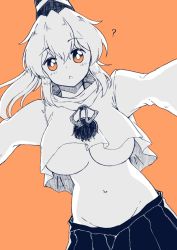 Rule 34 | 1girl, ?, adapted costume, alternate breast size, breasts, bright pupils, greyscale, greyscale with colored background, groin, gurajio, hat, highres, japanese clothes, kariginu, long hair, long sleeves, looking at viewer, monochrome, mononobe no futo, navel, no bra, open mouth, orange background, orange eyes, pleated skirt, pom pom (clothes), ponytail, shameimarulike, simple background, skirt, solo, tate eboshi, touhou, underboob, wide sleeves