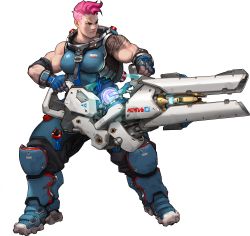 Rule 34 | 1girl, absurdres, alpha transparency, arnold tsang, breasts, directed-energy weapon, energy cannon, energy gun, energy weapon, fingerless gloves, full body, gloves, highres, huge filesize, huge gun, huge weapon, large breasts, magnetic weapon, muscular, muscular female, official art, overwatch, overwatch 1, particle-beam weapon, particle projector cannon, pink hair, railgun, russian text, scar, short hair, solo, standing, tattoo, transparent background, undercut, weapon, zarya (overwatch)