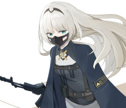 Rule 34 | 1girl, an-94, an-94 (girls&#039; frontline), assault rifle, blue eyes, breasts, cape, defy (girls&#039; frontline), girls&#039; frontline, gloves, gun, hairband, highres, ika (adam19951012), long hair, mask, mouth mask, rifle, silver hair, small breasts, solo, upper body, weapon, white background
