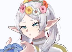 Rule 34 | 1girl, blue flower, earrings, elf, expressionless, flower, flower wreath, frieren, green eyes, grey hair, highres, holding, holding wreath, jewelry, long hair, parted bangs, pink flower, pointy ears, r xly0, red flower, simple background, solo, sousou no frieren, twintails, white background, white flower, yellow flower