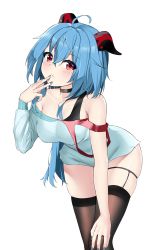 Rule 34 | 1girl, ahoge, alternate eye color, asymmetrical sleeves, bare shoulders, black thighhighs, blue dress, blue hair, blue nails, blush, bra, breasts, casual, choker, cleavage, collarbone, covered erect nipples, dress, ganyu (genshin impact), genshin impact, hand on knee, hand up, highres, horns, leaning forward, long hair, looking at viewer, medium breasts, nail polish, red eyes, thigh strap, thighhighs, underwear, uneven sleeves, zerotwenty (020)