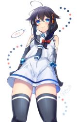 Rule 34 | 1girl, ahoge, arms at sides, black gloves, black hair, black thighhighs, blue eyes, braid, commentary request, cosplay, cowboy shot, elbow gloves, from below, gloves, hair flaps, hair ornament, hair over shoulder, ittokyu, kantai collection, samidare (kancolle), samidare (kancolle) (cosplay), school uniform, serafuku, shigure (kancolle), shirt, single braid, sleeveless, sleeveless shirt, smile, solo, spoken blush, standing, thighhighs, white background
