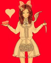 Rule 34 | 1girl, bow, brown hair, cake, cake slice, dress, feathered wings, flower, food, hair bow, hair flower, hair ornament, heart, heart cutout, highres, holding, holding knife, knife, long hair, moriko06, original, plate, red background, grey eyes, single wing, smile, solo, striped, vertical stripes, white wings, wings