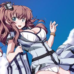 Rule 34 | 1girl, 547th sy, bag, belt, bikini, bikini under clothes, black belt, blue eyes, blush, bracelet, breasts, brown hair, cleavage, cloud, commentary request, dated, day, dress, highres, jewelry, kantai collection, large breasts, long hair, open clothes, open dress, open mouth, outdoors, ponytail, saratoga (kancolle), short sleeves, shoulder bag, side ponytail, signature, sky, smokestack, smokestack hair ornament, solo, swimsuit, swimsuit under clothes, white bikini