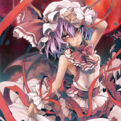 Rule 34 | 1girl, adapted costume, arm up, bad id, bad pixiv id, bat wings, dain, dress, female focus, hat, jewelry, moon, purple hair, red eyes, red moon, remilia scarlet, ribbon, short hair, sleeveless, solo, touhou, wings, wrist cuffs