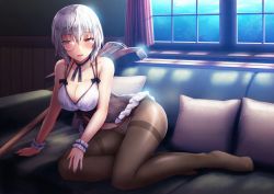 Rule 34 | 1girl, absurdres, babydoll, blush, breasts, cleavage, crotch seam, highres, ice axe (ole tower), large breasts, monocle, official art, ole tower, open mouth, panties, panties under pantyhose, pantyhose, red eyes, short hair, silver hair, sitting, solo, thighband pantyhose, underwear, wavy mouth, window, wrist cuffs