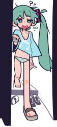 Rule 34 | 1girl, ?, ??, absurdres, adpx, aqua eyes, aqua hair, beamed eighth notes, blue shirt, blush stickers, breasts, cleavage, fang, hair ornament, hatsune miku, highres, long hair, messy hair, midriff, musical note, no pants, opening door, panties, sandals, shirt, signature, skin fang, squeans, sleepy, slippers, small breasts, solo, striped clothes, striped panties, twintails, underwear, very long hair, vocaloid, walking, yawning