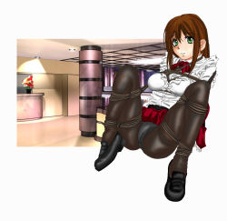 Rule 34 | 1girl, absurdres, arms behind back, bad id, bad pixiv id, bdsm, bondage, bound, breast bondage, breasts, chiezou, frogtie, highres, pantyhose, rope, solo, waitress