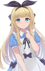 Rule 34 | 1girl, :3, apron, aqua eyes, black bow, black hairband, blonde hair, blue dress, blunt bangs, blush, bow, bow hairband, clenched hand, closed mouth, cowboy shot, dress, enumiyaa, hair bow, hairband, hand on own chest, highres, long hair, looking at viewer, mononobe alice, mononobe alice (1st costume), nijisanji, puffy short sleeves, puffy sleeves, short sleeves, sidelocks, solo, straight hair, very long hair, virtual youtuber, white apron